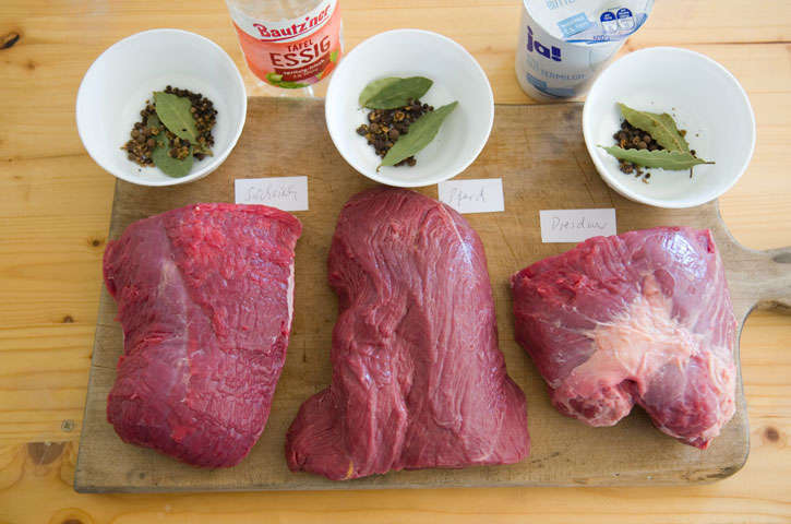 Welche Fleischstücke sind am Besten? Rindfleisch (Falsches Filet), Pferdefleisch und Gewürze für Sächsischen Sauerbraten