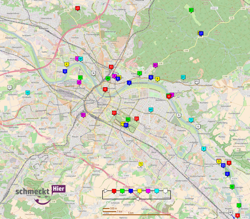 Karte mit Biergärten in Heidenau, Pirna, Dresden