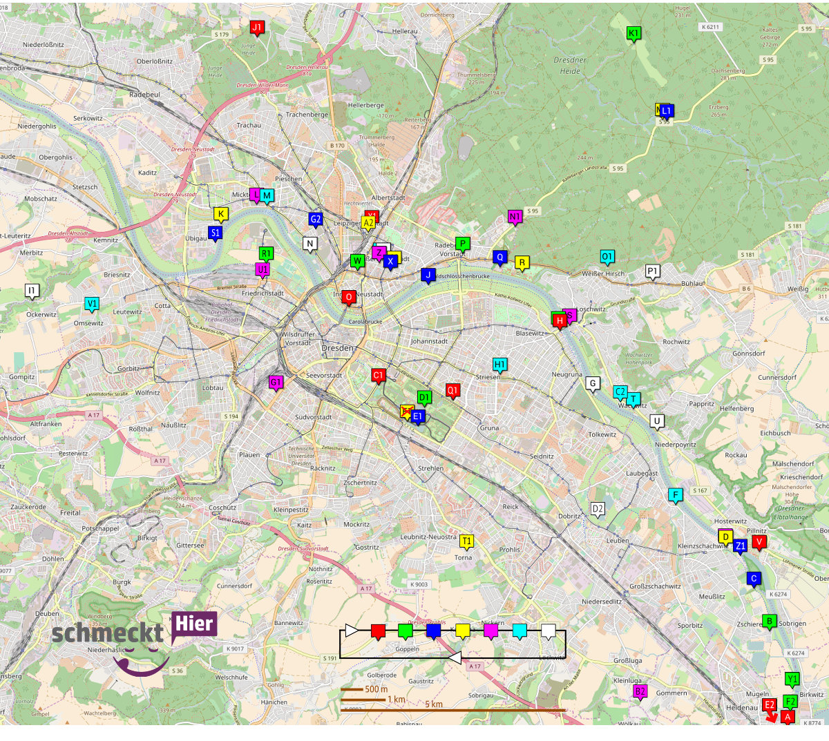 Biergärten in Heidenau, Pirna, Dresden, am Elberadweg und in der Stadt Übersichtskarte