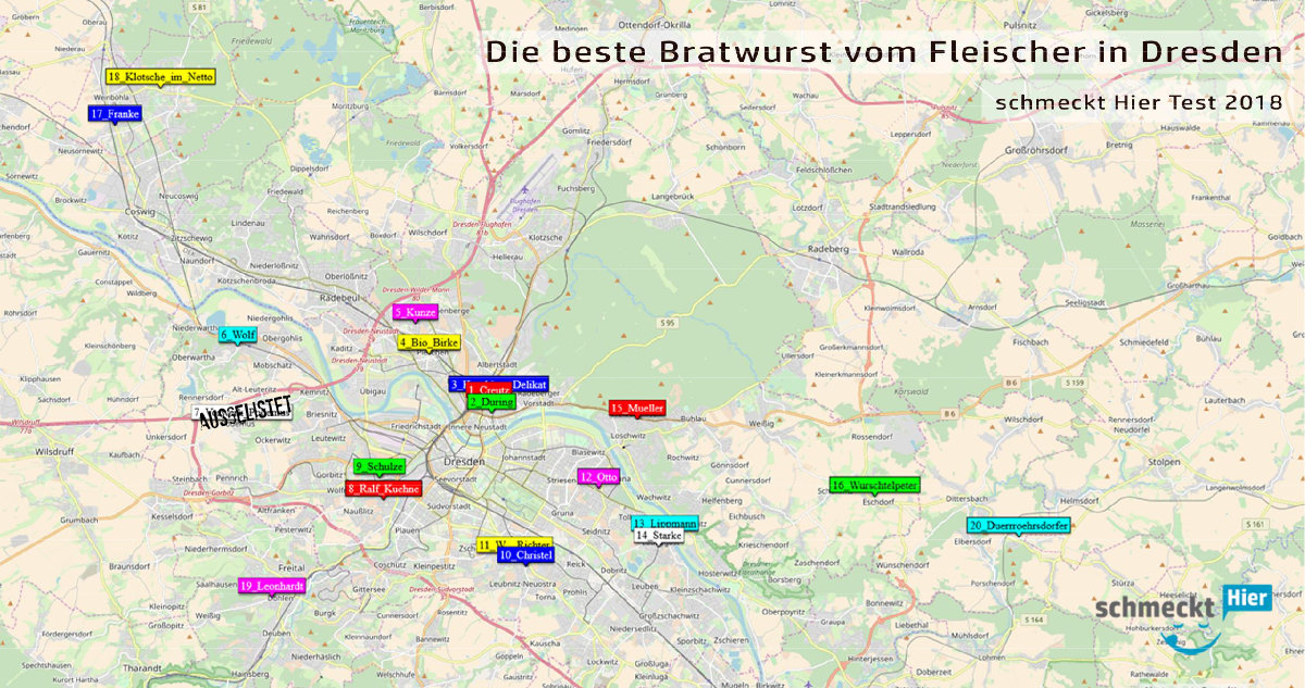 Karte mit den Fleischern des Tests beste Bratwurst in Dresden