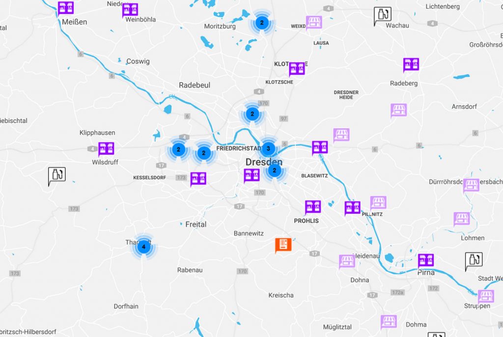 Karte Eier kaufen in Dresden in Höfläden, Märkten, Milchtankstellen