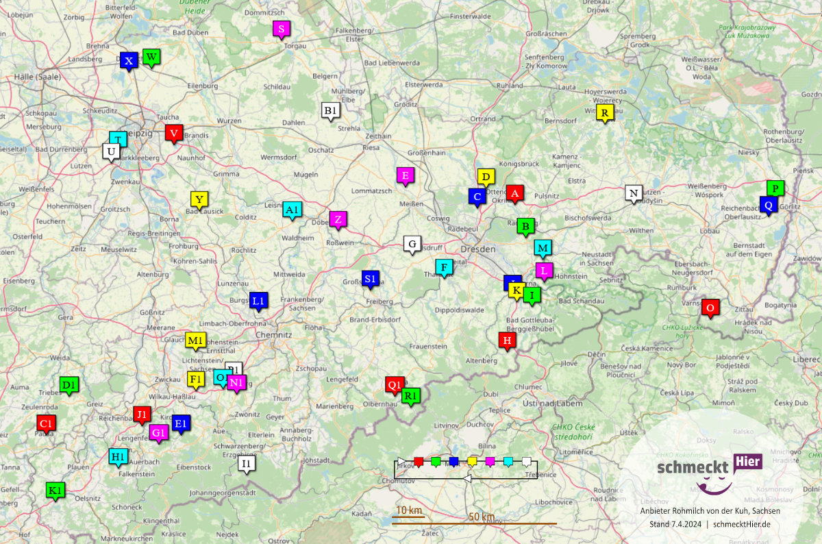 Karte mit Bauernhöfen mit frischer Roh- Milch und Milchtankstellen in Sachsen