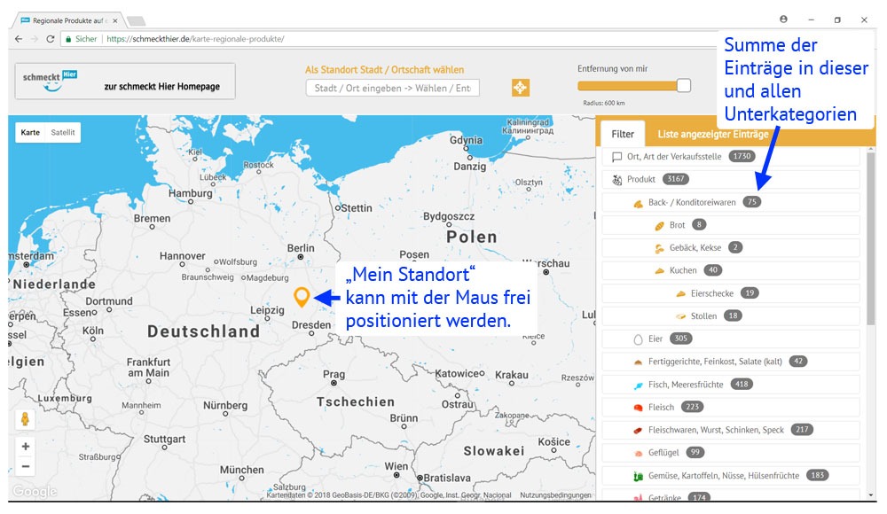Karte regionale Produkte Kategorien-Filter