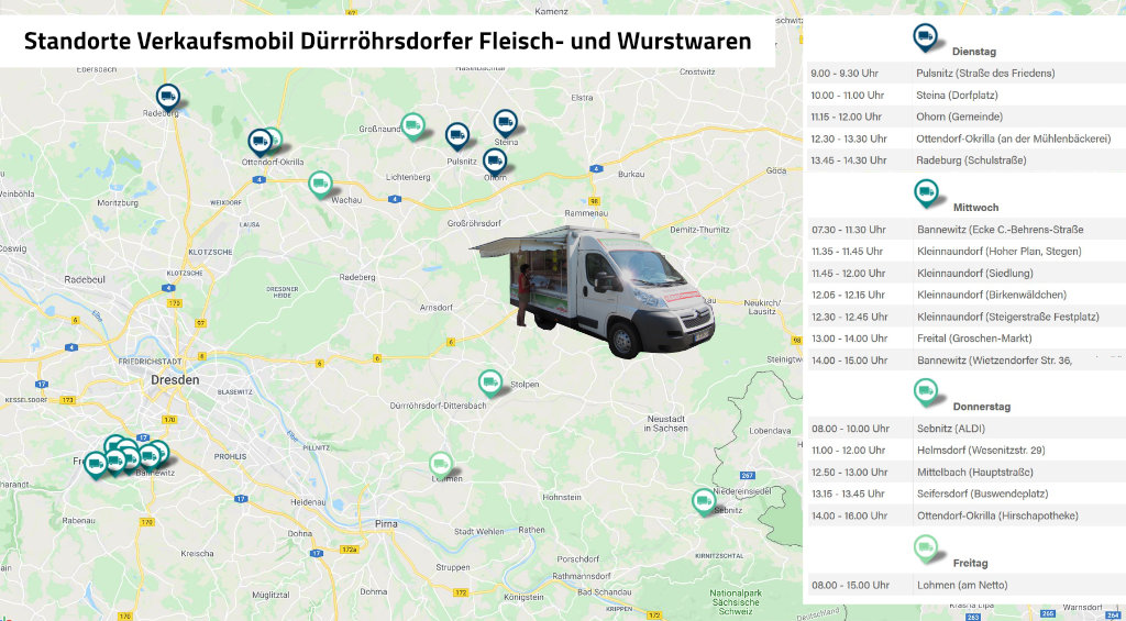 Standorte des Fleisch- und Wurst- Verkaufsmobils von Dürrröhrsdorfer