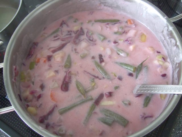 Kochtopf mit Rosa Winter-Schnüsch, der norddeutschen sahnigen Gemüsesuppe