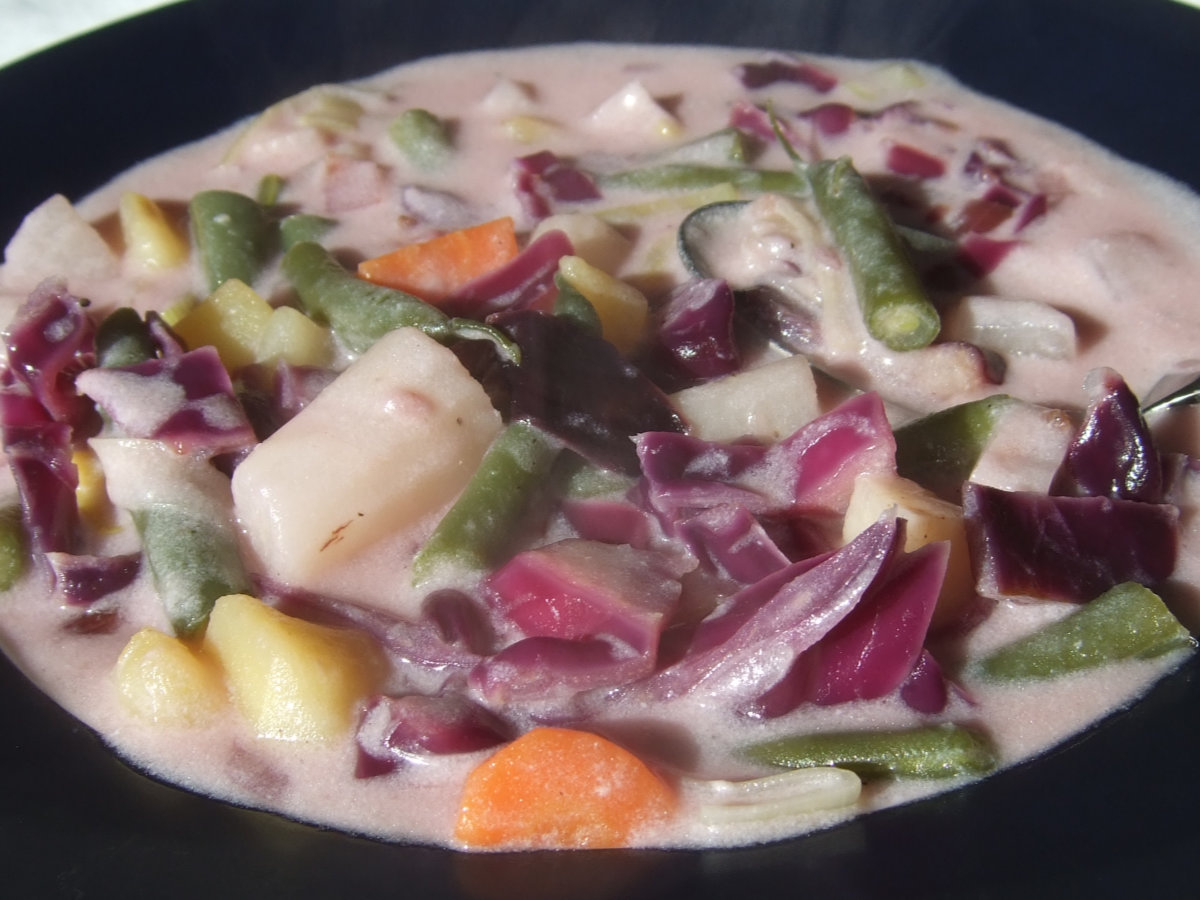 Teller mit Rosa Winter-Schnüsch dem original traditionellen norddeutschen Gemüseeintopf